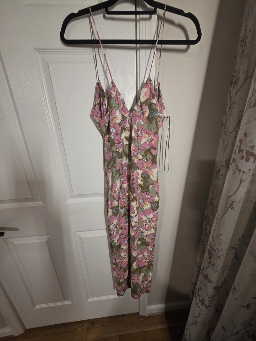 Floral Spaghetti-Strap Midi Dress in Pink & Green